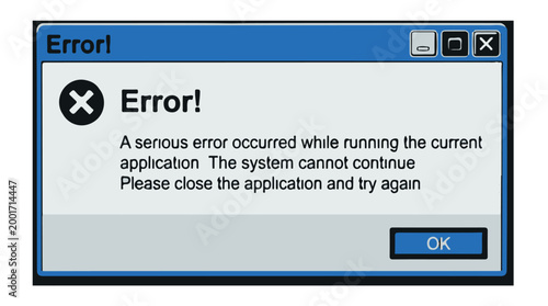Close up of a critical system error popup on a computer screen, ideal for tech troubleshooting, IT support, and software failure concepts.