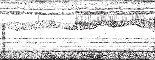 Detailed black and white cross section of layered geological strata showing rock textures and soil deposits