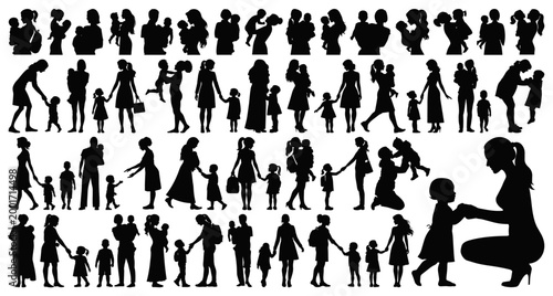 Mothers Interacting with Children Silhouettes Big Collection, Vector Illustration Isolated on Transparent Background