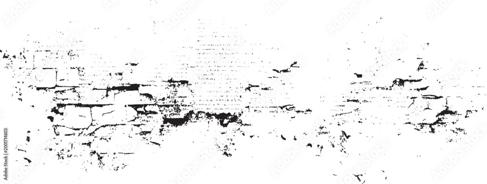 Naklejka premium Textured black and white distressed brick wall with faint text overlay grunge