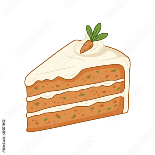 Photos Carrot cake slice with white cream cheese frosting and tiny marzipan carrot decoration on top isolated vector illustration showing orange sponge layers with vegetable flecks for bakery menu design