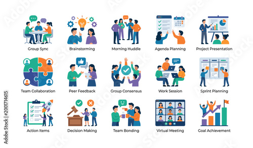 Teamwork and collaboration icons showing meeting activities