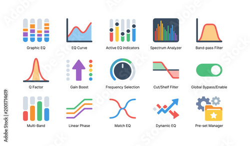 Audio equalizer and filter icons arranged in grid layout