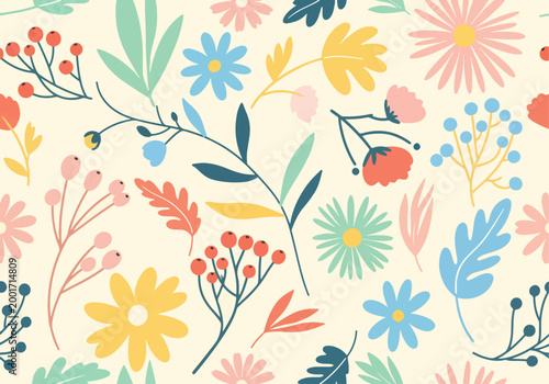 Stylized nature pattern with modern flowers and organic shapes