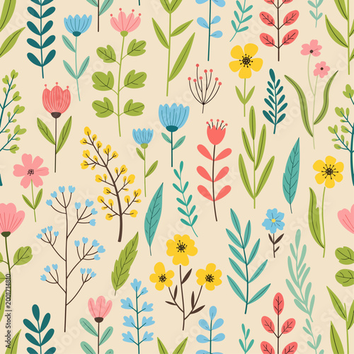 Stylized garden pattern with modern blossoms and gentle organic tones