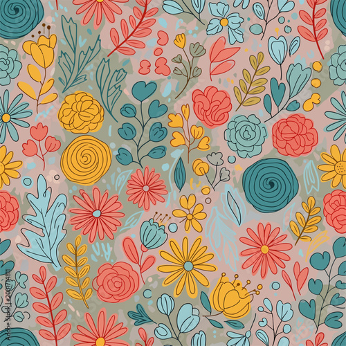 Stylized botanical texture with modern flowers and clean crisp lines