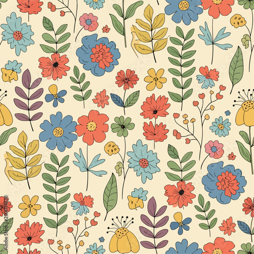 Vintage floral background with hand drawn lines and cozy tones
