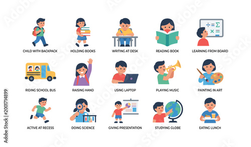 Children doing school activities arranged in grid layout