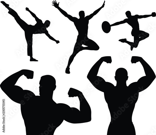 Set of athletic male silhouettes showing jumping running flexing muscles and dynamic sports poses isolated on white background