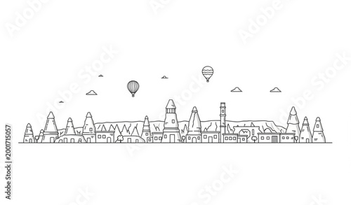 Canvas Print Cappadocia skyline line art with caves fairy chimneys and balloons minimal vecto