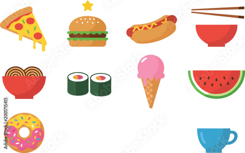 Foto Colorful Food and Drink Icon Set with Pizza Burger Sushi Ice Cream Donut Coffee