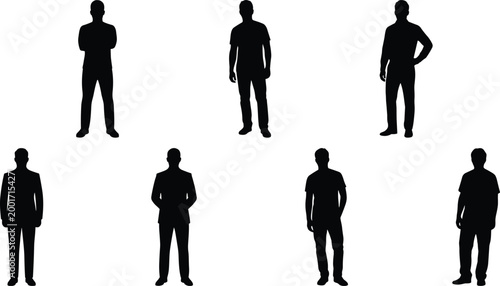 Set of male human silhouettes in different standing poses business casual figures isolated on white background
