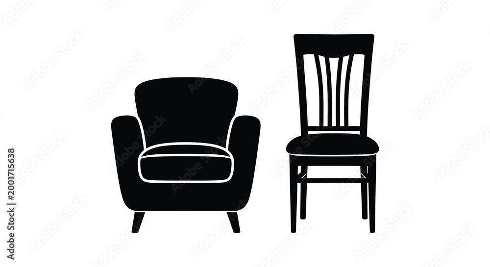 Fototapeta premium armchair and dining chair silhouettes on white background silhouette
