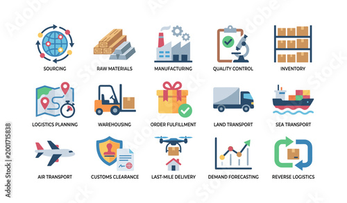 Supply chain and logistics icons displayed in grid on white background
