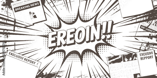 Foto Comic book style explosion with breaking news and exclusive report headlines