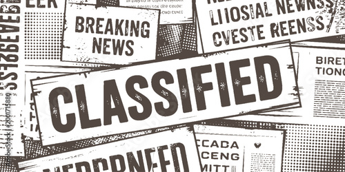 Collage of vintage newspapers with large bold text classified breaking news and other headlines