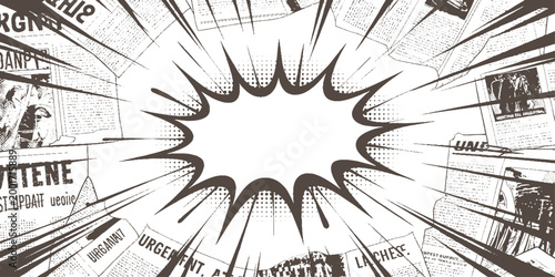 Comic book explosion burst effect with scattered newspapers and halftone dots