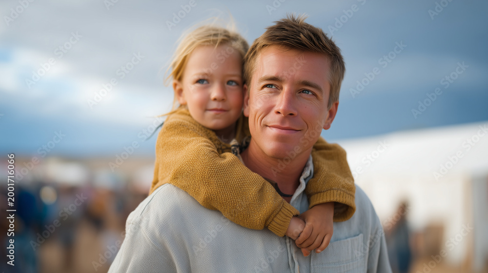 Fototapeta premium Father carrying toddler on shoulders at outdoor summer concert in city park, couple dynamic with partner photographing candid family moment on smartphone, festival lawn filled with families on picni