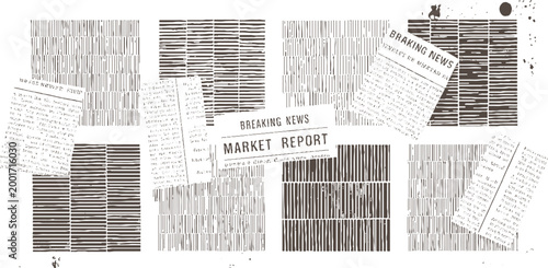 Collage of newspaper clippings with vertical and horizontal text patterns and ink splatters
