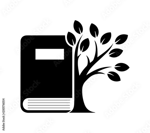 Education and Nature Concept Icon – Book and Tree Silhouette Vector Illustration.