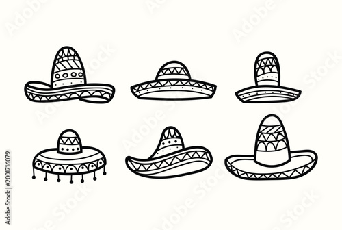 Hand-Drawn Mexican Sombrero Set Line Art Doodle Collection of Six Traditional Hats