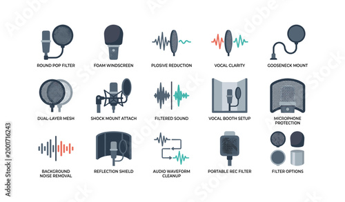 Microphone accessories illustrating pop filters and recording gear