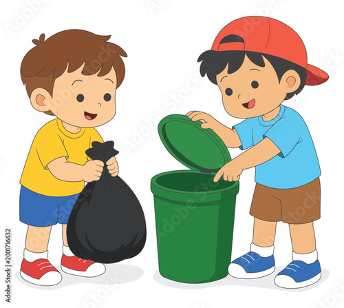 Kids throwing trash into garbage bin together, children cleaning environment concept