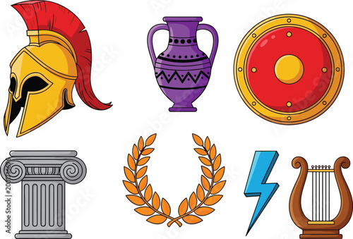 Roman and Greek Mythology Icon Set Featuring Helmets, Vases, Shields, Laurel Wreaths, and Classical Symbols for Digital Use