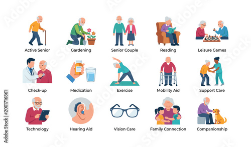 Set of senior care and activity icons arranged in grid