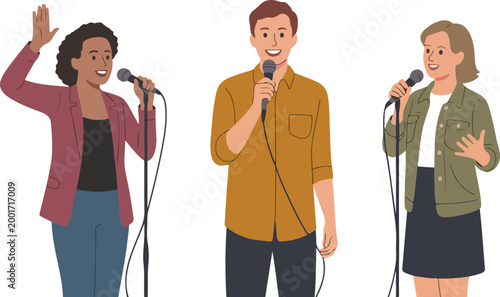Professional public speaker icon set with diverse presenters and microphones