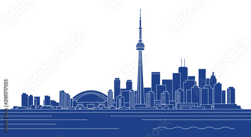 Quadro su tela Toronto Skyline Silhouette with CN Tower and Rogers Centre, Blue Line Art