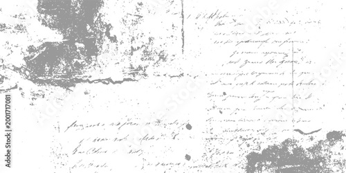 Faded grey grunge texture overlay on antique handwritten script document with distressed paper effect