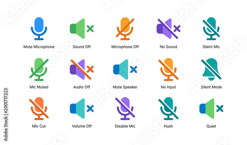 Microphone and audio mute icons displayed in grid on white background