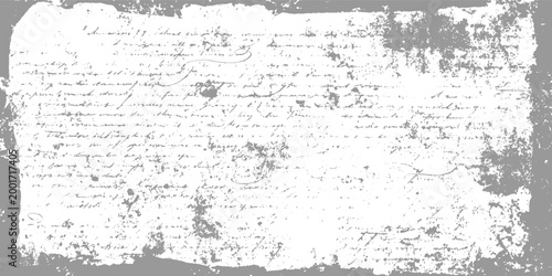 Aged handwritten document with distressed grey textured edges and scattered ink splotches antique paper