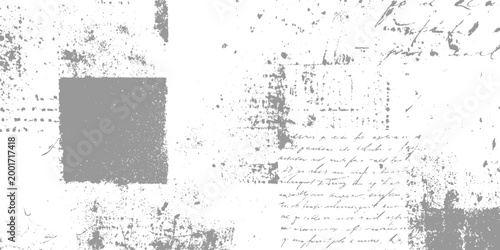 Grey distressed grunge overlay with handwritten script and ink splatters texture