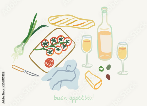 Wax crayon drawn doodle sketch Italian brunch menu cover. Hand drawn food colored illustration for poster, placard template. Doodle sketch mediterranean breakfast, picnic or dinner illustration.