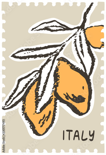 Wax crayon or ink drawn doodle sketch lemons. Hand drawn colored citrus illustration for poster, placard post stamp template. Doodle sketch sicily or amalfi lemons on branch in chalk or charcoal style