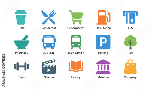 Location icons showing services and facilities on white background