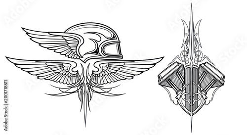 Fotografie Winged Motorcycle Helmet Emblem and Pinstripe Design - Vector Art