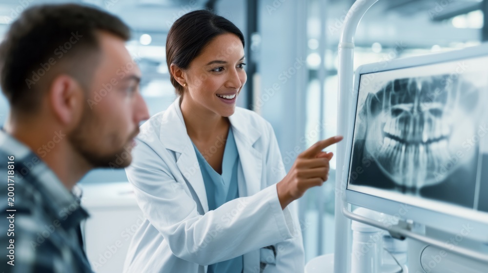 Fototapeta premium Dentist explaining panoramic dental x ray to male patient during a consultation, focusing on oral health and precision diagnosis