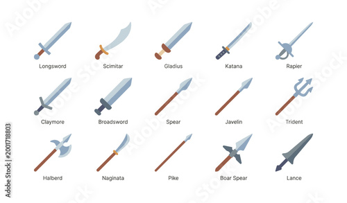Medieval and ancient weapons icons in grid on white