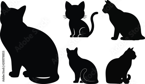 Collection of Diverse Cat Silhouettes in Various Sitting and Alert Poses, Monochrome Graphic Set Representing Feline Grace, Pets, and Animal Companionship.