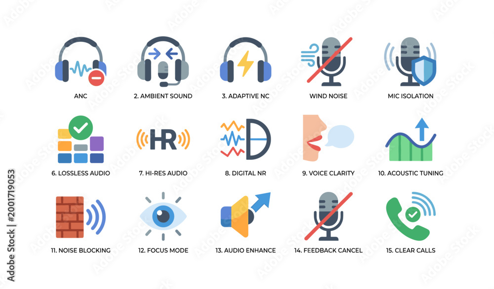Fototapeta premium Audio icons showing noise control and tuning on white