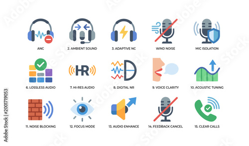 Audio icons showing noise control and tuning on white