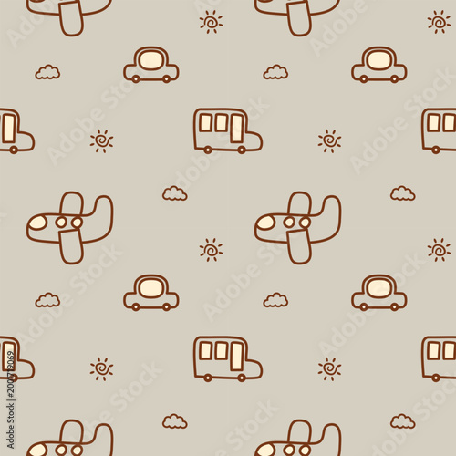 Vehicle line draw cartoon so cute. On airplane bus car cloud sun gray background. Pattern seamless vector illustration. 