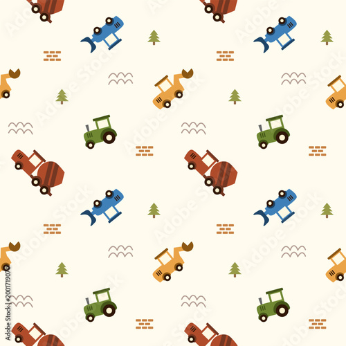 Tractor colorful cartoon so cute. On backhoe cement mixer truck loader tree wall background. Pattern seamless vector illustration. 
