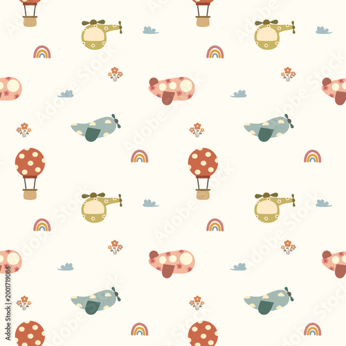 Airplane cartoon so cute. On helicopter hot air balloon rainbow clouds flower background. Pattern seamless vector illustration. 