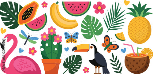 Tropical nature icon set with flamingo toucan exotic fruits and palm leaves