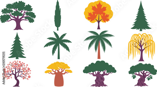 Tree and Plant Icon Set Featuring Various Tree Types Including Palm, Willow, and Evergreen for Digital Designs