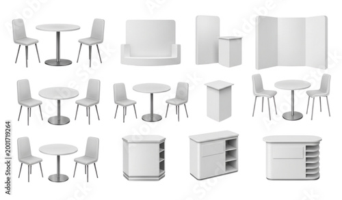 Realistic Trade Exhibition Chair Table Furniture Vector Set
